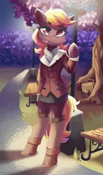 Size: 2364x4000 | Tagged: safe, alternate version, artist:saxopi, derpibooru import, oc, oc:duty crew (uni), unofficial characters only, semi-anthro, basket, bench, image, jpeg, lamppost, picnic basket, solo, tree