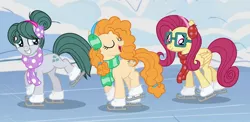 Size: 1280x626 | Tagged: safe, artist:razorbladetheunicron, derpibooru import, cloudy quartz, pear butter, posey shy, pony, clothes, earmuffs, glasses, image, jpeg, scarf, skating, winter, winter outfit, younger