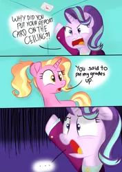 Size: 1000x1414 | Tagged: safe, artist:swivel starsong, derpibooru import, luster dawn, starlight glimmer, pony, unicorn, ..., angry, clothes, comic, dialogue, image, jpeg, luster dawn is a god damn moron, misunderstanding, older, older starlight glimmer, pun, smartass, suit, this will end in detention, this will end in grounding, this will end in gulag, visual pun