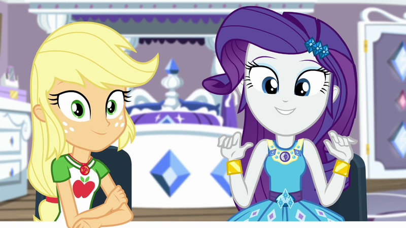 Size: 1280x720 | Tagged: safe, derpibooru import, screencap, applejack, rarity, camping must-haves, equestria girls, equestria girls series, spoiler:eqg series (season 2), belt buckle, bracelet, breaking the fourth wall, clothes, cute, cutie mark on clothes, duo, duo female, female, geode of shielding, geode of super strength, image, jewelry, magical geodes, necklace, pendant, png, raribetes, rarity peplum dress, shirt, sleeveless, smiling, t-shirt