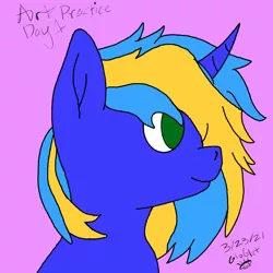 Size: 1024x1024 | Tagged: safe, artist:globlet_, derpibooru import, oc, oc:scribbling ink, unofficial characters only, pony, unicorn, cute, image, male, mane, png, poofy mane, practice, sideprofile, smiling, solo