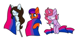 Size: 1062x547 | Tagged: safe, artist:icey-wicey-1517, artist:kb-gamerartist, color edit, derpibooru import, edit, oc, oc:jade the pegasus, oc:krissy, oc:lilac, unofficial characters only, earth pony, pegasus, pony, unicorn, bisexual pride flag, collaboration, colored, cute, ear piercing, earring, eyes closed, female, flag, glasses, heart, image, jewelry, mare, necklace, piercing, png, pride, pride flag, simple background, transparent background