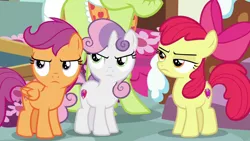 Size: 1920x1080 | Tagged: safe, derpibooru import, screencap, apple bloom, granny smith, scootaloo, sweetie belle, the big mac question, angry, apple bloom is not amused, cutie mark, cutie mark crusaders, image, png, scootaloo is not amused, sweetie belle is not amused, the cmc's cutie marks, unamused