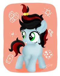 Size: 1100x1380 | Tagged: safe, artist:waret milout, derpibooru import, oc, oc:nasty, pony, unicorn, baby, black, black mane, blue, costado en blanco, cube, cute, female, filly, foal, freckles, green eyes, hairstyle, heart, image, jpeg, music notes, nintendo, nintendo switch, playing, red, red mane, short hair, short mane, solo, stars, toy