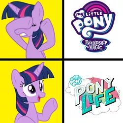 Size: 1024x1024 | Tagged: safe, derpibooru import, twilight sparkle, twilight sparkle (alicorn), alicorn, pony, my little pony: pony life, based, covering eyes, drake, drama, female, image, meme, op failed friendship, op is a duck, op is trying to start shit, op is trying to start shit so badly that it's kinda funny, op started shit and op is laughing at you, open mouth, png, pony life drama, solo, teeth