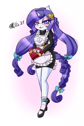 Size: 1200x1800 | Tagged: safe, artist:melliedraws, derpibooru import, rarity, anthro, box of chocolates, clothes, image, maid, png, socks, solo, stockings, thigh highs
