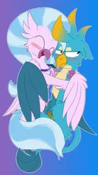 Size: 2160x3840 | Tagged: safe, artist:sintakhra, derpibooru import, gallus, silverstream, classical hippogriff, gryphon, hippogriff, tumblr:studentsix, blushing, female, gallstream, gallus is not amused, hug, image, male, png, shipping, straight, unamused, winghug