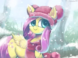 Size: 3993x3000 | Tagged: safe, artist:colochenni, derpibooru import, fluttershy, pegasus, pony, clothes, cute, daaaaaaaaaaaw, drawthread, female, folded wings, grass, hat, head turned, high res, image, mare, outdoors, png, scarf, shyabetes, smiling, snow, snowfall, solo, standing, tree, wings, winter outfit, wintershy