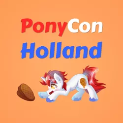 Size: 1024x1024 | Tagged: safe, derpibooru import, oc, oc:stroopwafeltje, oc:waffles, pony, unicorn, food, holland, image, male, netherlands, orange background, png, ponycon holland, simple background, solo, stallion, waffle