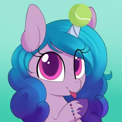 Size: 2000x2000 | Tagged: safe, artist:illusion, derpibooru import, izzy moonbow, pony, unicorn, bracelet, cute, female, g5, gradient background, high res, horn, horn guard, horn impalement, hornball, image, izzy's tennis ball, izzybetes, jewelry, looking at you, mare, png, solo, tennis ball, tongue out, unshorn fetlocks