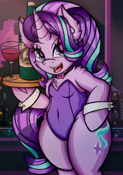 Size: 1435x2048 | Tagged: suggestive, alternate version, artist:canvymamamoo, derpibooru import, starlight glimmer, anthro, pony, semi-anthro, unicorn, arm hooves, belly button, bipedal, blushing, bottle, bowtie, breasts, chest fluff, cleavage fluff, clothes, cuffs (clothes), ear fluff, female, frog (hoof), glass, holding, image, jpeg, leotard, looking at you, mare, open mouth, smiling, solo, solo female, underhoof, wine bottle, wine glass