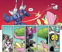 Size: 2761x2344 | Tagged: safe, artist:jack lawrence, derpibooru import, idw, angel bunny, discord, fluttershy, draconequus, pegasus, pony, rabbit, raccoon, robot, squirrel, spoiler:comic, spoiler:friendship in disguise, spoiler:friendship in disguise03, animal, cropped, frenzy, friendship in disguise, image, it was at this moment that he knew he fucked up, png, ratbat, ravage, this will end in death, transformers