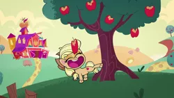 Size: 1280x720 | Tagged: safe, derpibooru import, screencap, applejack, earth pony, pony, my little pony: pony life, apple, cute, eyes closed, food, image, jackabetes, open mouth, png, sweet apple acres, theme song, tree