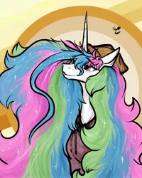 Size: 2952x3697 | Tagged: safe, artist:greyscaleart, derpibooru import, princess celestia, alicorn, pony, abstract background, beanie, big hair, bust, clothes, cute, female, hat, high res, hoodie, i really like her mane, image, jpeg, lidded eyes, mare, messy mane, solo