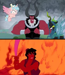 Size: 2912x3328 | Tagged: safe, derpibooru import, edit, edited screencap, screencap, cozy glow, lord tirek, queen chrysalis, alicorn, centaur, changeling, changeling queen, human, pony, the ending of the end, aladdin, alicornified, bow, comparison, cozycorn, crossover, disney, female, image, male, png, race swap, tail bow, ultimate chrysalis