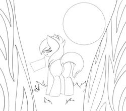 Size: 3023x2663 | Tagged: safe, artist:sundayrain, derpibooru import, oc, oc:revy(theunidentifiedchangeling), pony, flank, forest, forest background, image, looking at you, looking back, looking back at you, monochrome, moon, png, sketch, solo, speech bubble, tree