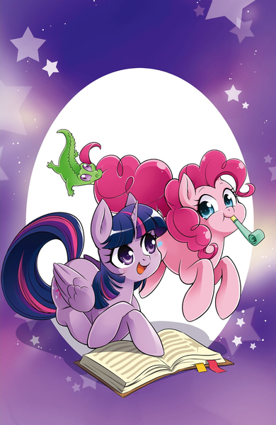 Size: 1040x1600 | Tagged: safe, artist:gomanga, artist:nekoshiei, derpibooru import, gummy, pinkie pie, twilight sparkle, twilight sparkle (alicorn), alicorn, alligator, earth pony, pony, my little pony: the manga, my little pony: the manga volume 1, spoiler:manga, spoiler:manga1, book, female, image, male, mare, party horn, png