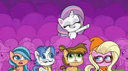 Size: 1085x607 | Tagged: safe, derpibooru import, screencap, buttershy, fancypants, potion nova, earth pony, pegasus, pony, unicorn, my little pony: pony life, desert weave, female, image, jpeg, male, mare, orange zest, sportacular spectacular musical musak-ular, stallion, we shine brighter together