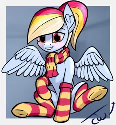 Size: 1300x1393 | Tagged: safe, alternate version, artist:colourwave, derpibooru import, oc, oc:colourwave, pegasus, pony, blushing, clothes, cute, female, frog (hoof), image, mare, not rainbow dash, png, ponytail, scarf, signature, sitting, smiling, socks, solo, stockings, striped socks, thigh highs, underhoof, wings