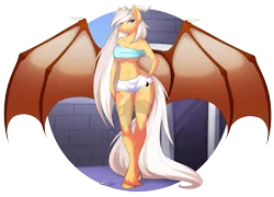 Size: 1668x1200 | Tagged: suggestive, artist:scarlet-spectrum, derpibooru import, oc, oc:silver veil, unofficial characters only, anthro, belly button, breasts, female, horns, image, midriff, png, simple background, solo, solo female, transparent background, underboob, watermark, wings extended