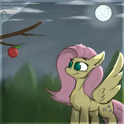 Size: 3000x3000 | Tagged: safe, artist:phlerius, derpibooru import, fluttershy, bat pony, pony, vampire, apple, bat ponified, digital art, fangs, flutterbat, food, full moon, image, jpeg, moon, night, race swap, solo, tree branch