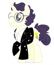Size: 356x426 | Tagged: safe, artist:pigeorgien, artist:selenaede, derpibooru import, oc, ponified, unofficial characters only, pony, unicorn, 80s, base used, clothes, glasses, image, jacket, male, musician, png, raised hoof, shirt, singer, smiling, solo, sparkles, stallion, the buggles, trevor horn