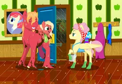 Size: 4659x3224 | Tagged: safe, artist:kaleysia, color edit, colorist:zoness, derpibooru import, edit, big macintosh, fluttershy, oc, oc:cellini, pegasus, pony, apron, bucket, cellini riding big macintosh, clothes, colored, family, female, filly, fluttermac, freckles, gloves, grin, hair up, handkerchief, high res, hoof glove, image, male, mare, mud, muddy, nervous, nervous grin, offspring, parent:big macintosh, parent:fluttershy, parents:fluttermac, png, ponies riding ponies, rain, raised hoof, riding, rubber gloves, shipping, smiling, stallion, story included, straight, sweat, sweatdrop, unamused, unshorn fetlocks, wet, wet mane