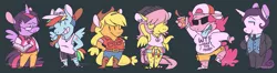 Size: 1729x454 | Tagged: safe, artist:chocodile, derpibooru import, applejack, fluttershy, pinkie pie, rainbow dash, rarity, twilight sparkle, twilight sparkle (alicorn), alicorn, anthro, earth pony, pegasus, plantigrade anthro, pony, unicorn, alternate hairstyle, alternative cutie mark placement, applejack's hat, arm behind back, arm behind head, armpit hair, armpits, baseball bat, belt, black background, book, boots, bowtie, butch, cap, clothes, cowboy hat, cup, drink, ear piercing, earring, eyeshadow, female, frat, freckles, glasses, grin, group, hair over eyes, hand on hip, hands on hip, hat, hay stalk, hippie, image, jacket, jewelry, leg hair, lidded eyes, lip piercing, looking at you, makeup, mane six, mare, necklace, necktie, open mouth, pants, peace symbol, piercing, png, sandals, shirt, shirt around waist, shoes, short hair, shorts, simple background, smiling, solo cup, spread wings, straw in mouth, suit, sunglasses, sweater, sweater vest, t-shirt, tail, tattoo, text on clothing, tie dye, tomboy, tongue out, wings