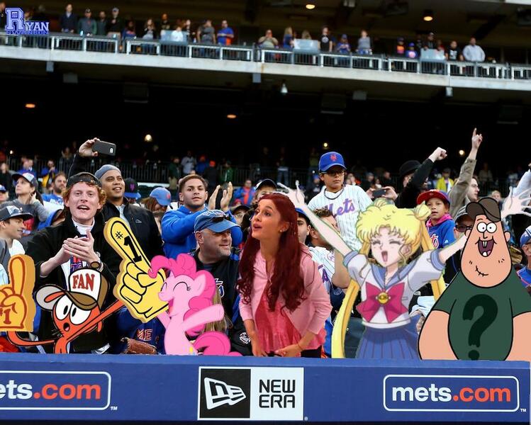 Size: 1024x820 | Tagged: safe, artist:ryanswan5, derpibooru import, edit, pinkie pie, human, pony, anime, ariana grande, barely pony related, baseball, baseball cap, cap, cat valentine, cheering, citi field, foam finger, gravity falls, hat, image, irl, irl human, jpeg, major league baseball, new york mets, photo, ponies in real life, sailor moon, sailor moon crystal, serena tsukino, soos, sports, tsukino usagi, wander (wander over yonder), wander over yonder