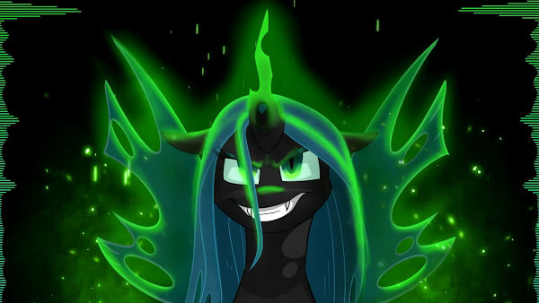 Size: 600x338 | Tagged: safe, artist:cadetredshirt, artist:equestriadaily, derpibooru import, queen chrysalis, changeling, changeling queen, female, glow, glowing eyes, glowing horn, glowing wings, green eyes, horn, image, jpeg, looking at you, menacing, smiling, smiling at you, solo, thumbnail, wings