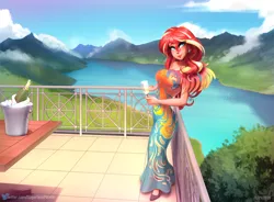 Size: 1834x1348 | Tagged: safe, artist:sugarlesspaints, derpibooru import, sunset shimmer, human, equestria girls, alcohol, balcony, bottle, breasts, busty sunset shimmer, champagne, champagne bucket, champagne glass, champagne on ice, clothes, dress, ear piercing, earring, human coloration, image, jewelry, lake, looking at you, piercing, png, ring, scenery, smiling, solo, table, wine