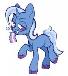 Size: 625x691 | Tagged: safe, artist:occultusion, derpibooru import, trixie, pony, unicorn, bedroom eyes, female, grin, image, mare, missing cutie mark, mouth hold, png, pride, pride flag, raised hoof, raised leg, simple background, smiling, solo, trans female, trans mare trixie, trans trixie, transgender, transgender pride flag, unshorn fetlocks, white background