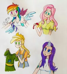 Size: 540x594 | Tagged: safe, artist:lunaart, derpibooru import, angel bunny, applejack, fluttershy, rainbow dash, rarity, bird, human, magical mystery cure, alternative cutie mark placement, clothes, cutie mark on human, horn, horned humanization, humanized, image, jpeg, scene interpretation, swapped cutie marks, traditional art, what my cutie mark is telling me, winged humanization, wings