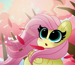 Size: 4096x3578 | Tagged: safe, artist:kittyrosie, derpibooru import, fluttershy, pegasus, pony, blushing, crepuscular rays, cute, female, flower, folded wings, image, jpeg, leaves, looking at something, mare, open mouth, raised hoof, shyabetes, solo, sunlight, tree, wind, windswept mane, wings