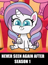 Size: 536x730 | Tagged: safe, derpibooru import, screencap, potion nova, pony, unicorn, my little pony: pony life, the great collide, spoiler:pony life s01e26, caption, cropped, cute, female, image, image macro, impact font, mare, png, sitting, smiling, text