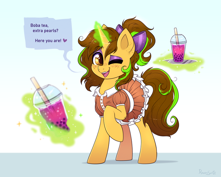 Size: 3581x2873 | Tagged: safe, artist:confetticakez, derpibooru import, oc, oc:awkward dork, pony, unicorn, blushing, boba tea, bow, clothes, commission, crossdressing, dialogue, dress, drink, eyeshadow, femboy, freckles, hair bow, image, levitation, magic, makeup, male, png, ponytail, simple background, solo, stallion, telekinesis