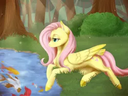 Size: 1280x960 | Tagged: safe, artist:night-iris, derpibooru import, fluttershy, fish, koi, pegasus, pony, female, forest, image, jpeg, lidded eyes, lying down, mare, pond, prone, solo, tree, water