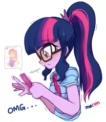 Size: 2976x3432 | Tagged: safe, artist:maren, derpibooru import, sci-twi, sunset shimmer, twilight sparkle, equestria girls, blushing, boob boop, breasts, cute, female, glasses, image, implied breast expansion, implied lesbian, implied scitwishimmer, implied shipping, jpeg, phone, ponytail, puberty, simple background, solo, squishy, touch, twiabetes, white background, younger