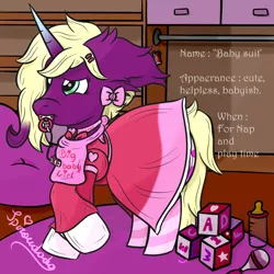 Size: 1000x1000 | Tagged: suggestive, artist:spiroudada, derpibooru import, oc, oc:velvet sky, adult foal, baby bottle, bib, bow, clothes, collar, crossdressing, cubes, diaper, diaper fetish, dress, fetish, hair bow, image, jpeg, male, mittens, non-baby in diaper, pink, rattle, sissy, socks, story included, striped socks, velvet wardrobe