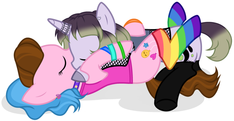 Size: 3233x1680 | Tagged: safe, alternate version, artist:unichan, derpibooru import, oc, oc:glitter ink, oc:sunshine smiles (ice1517), unofficial characters only, earth pony, pony, unicorn, black socks, choker, clothes, commission, ear piercing, earring, eyes closed, female, fishnet clothing, french kiss, hug, image, jewelry, kissing, lesbian, multicolored hair, oc x oc, piercing, png, rainbow socks, shipping, simple background, socks, stockings, striped socks, tanktop, tattoo, thigh highs, transparent background, unshorn fetlocks, wristband, ych result