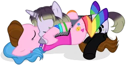 Size: 3233x1680 | Tagged: safe, alternate version, artist:unichan, derpibooru import, oc, oc:glitter ink, oc:sunshine smiles (ice1517), unofficial characters only, earth pony, pony, unicorn, black socks, choker, clothes, commission, ear piercing, earring, eyes closed, female, fishnet clothing, french kiss, hug, image, jewelry, kissing, lesbian, multicolored hair, oc x oc, piercing, png, rainbow socks, shipping, simple background, socks, stockings, striped socks, tanktop, tattoo, thigh highs, transparent background, unshorn fetlocks, wristband, ych result