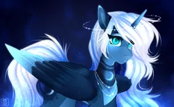 Size: 2559x1575 | Tagged: safe, artist:buvanybu, derpibooru import, princess luna, alicorn, pony, alternate design, colored pupils, halo, image, jewelry, necklace, png, solo, two toned wings, wings