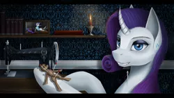 Size: 3920x2205 | Tagged: safe, artist:dezdark, derpibooru import, rarity, pony, unicorn, bookshelf, bust, candle, curved horn, cutie mark accessory, cutie mark earrings, ear piercing, earring, female, horn, image, jewelry, mare, piercing, pins, png, portrait, sewing machine, sewing needle, solo, voodoo doll, wallpaper