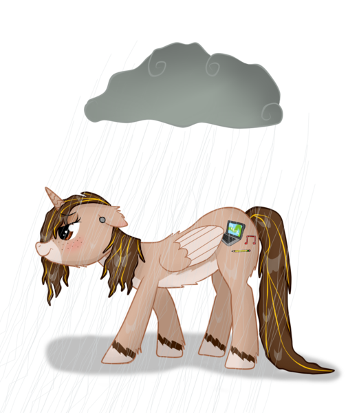 Size: 1064x1222 | Tagged: safe, artist:twin-fan, derpibooru import, oc, unofficial characters only, alicorn, pony, alicorn oc, cloud, ear piercing, female, horn, image, mare, piercing, png, rain, simple background, solo, transparent background, unshorn fetlocks, wet, wet mane, wings