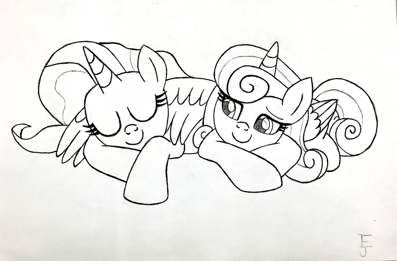 Size: 4025x2653 | Tagged: safe, artist:ejlightning007arts, derpibooru import, luster dawn, princess flurry heart, alicorn, unicorn, cute, eyes closed, female, flurrybetes, flurrydawn, image, jpeg, lesbian, lusterbetes, older, older flurry heart, shipping, sleeping, traditional art