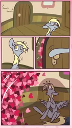 Size: 1080x1920 | Tagged: safe, artist:german_frey, derpibooru import, part of a set, derpy hooves, pegasus, pony, comic, commission, confused, door, female, hearts and hooves day, holiday, image, implied doctor whooves, mare, png, raised hoof, sad, shocked, sitting, solo, surprised, valentine, valentine's day, valentine's day card, ych result