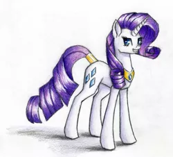 Size: 2578x2327 | Tagged: safe, artist:magical-marauder, derpibooru import, rarity, pony, unicorn, female, image, jpeg, mare, peytral, simple background, smiling, solo, tail jewelry, traditional art, white background