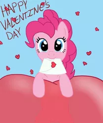 Size: 816x979 | Tagged: safe, derpibooru import, pinkie pie, earth pony, pony, cute, cutie pie, diapinkes, envelope, female, happy, happy valentine's day, heart, holiday, image, jpeg, looking at you, mare, mouth hold, simple background, smiling, smiling at you, source in the description, valentine, valentine's day
