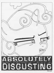 Size: 880x1200 | Tagged: safe, artist:abronyaccount, derpibooru import, sweetie belle, pony, the big mac question, absolutely disgusting, black and white, disgusted, faic, female, grayscale, image, ink drawing, inktober, inktober 2020, jpeg, lettering, mare, meme, monochrome, reaction image, signature, solo, trace, traditional art