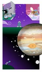 Size: 5000x8600 | Tagged: safe, artist:aaron amethyst, derpibooru import, maud pie, earth pony, pony, clothes, comic, dress, female, image, jupiter, looking up, magnifying glass, marble, moon, png, solo, space, stargazing, stars, telescope